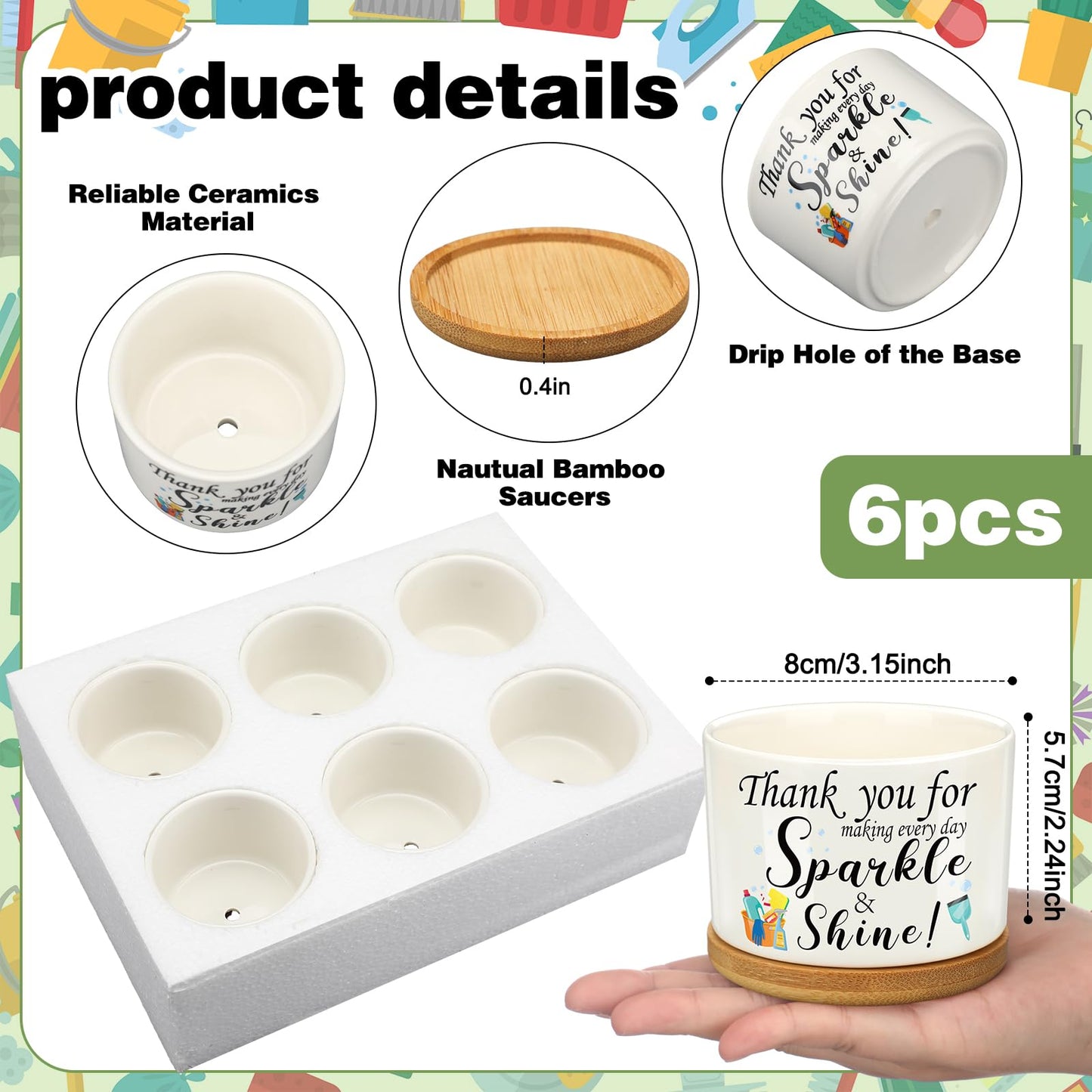 6 Set Social Worker Gift for Christmas Ceramic Succulent Planter Pot Employee Appreciation Gift for Team Coworker Xmas Housewarming Gifts Women Office Staff Teacher Nurse Hospital Housekeeper