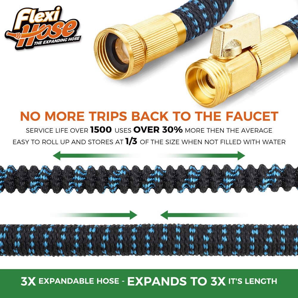 Flexi Hose Expandable Garden Hose with 8 Function Nozzle, 50FT - Lightweight Retractable Garden Hose, Water Hose - No-Kink Flexibility, 3/4 Inch Solid Brass Fittings and Double Latex Core
