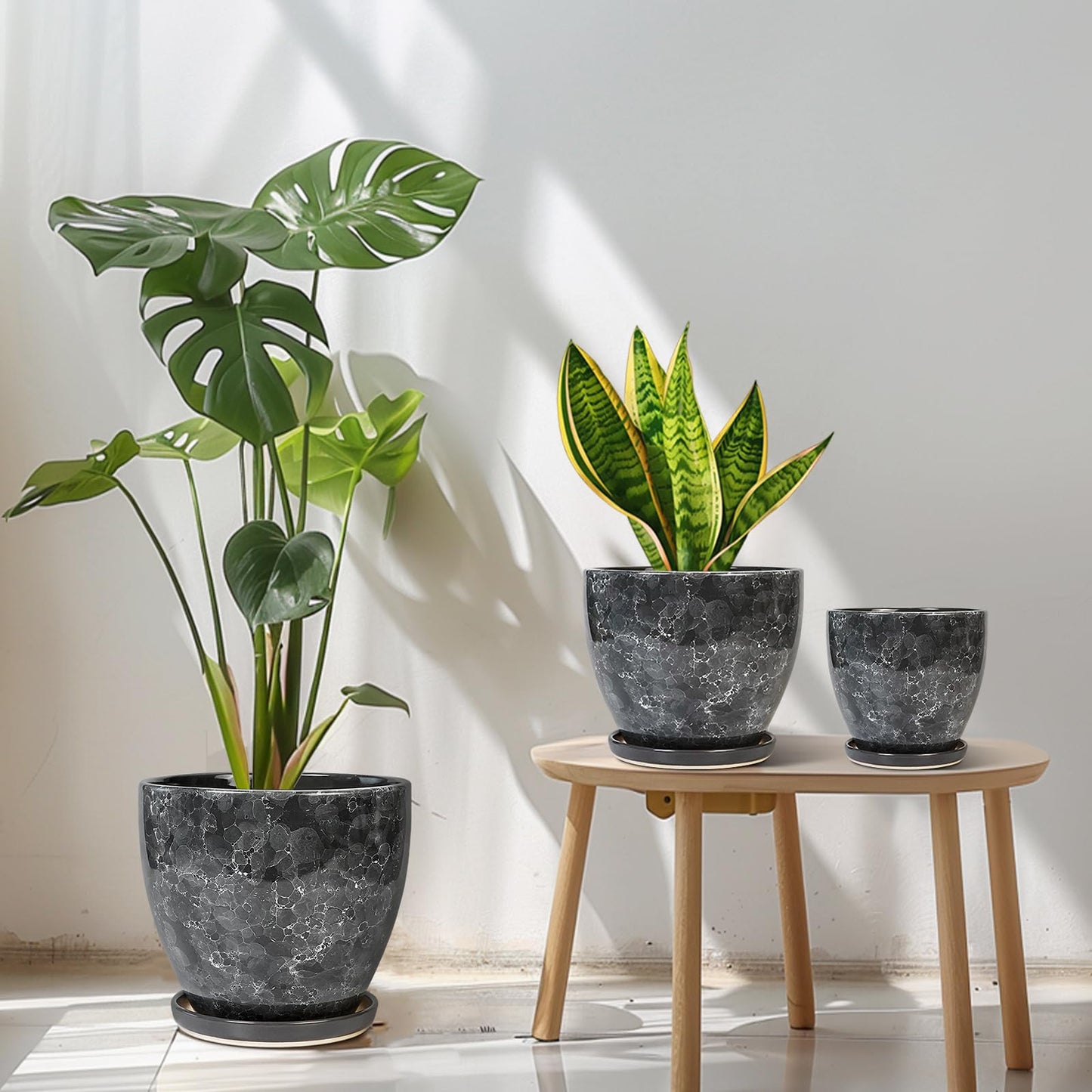 EPFamily Ceramic Pots for Plants - 10+8+6 Inch Modern Flower Pot for Indoor Outdoor, Round Planters with Drainage Holes and Trays, Office Garden Living Room Decor, Housewarming Gifts, Set of 3, Grey