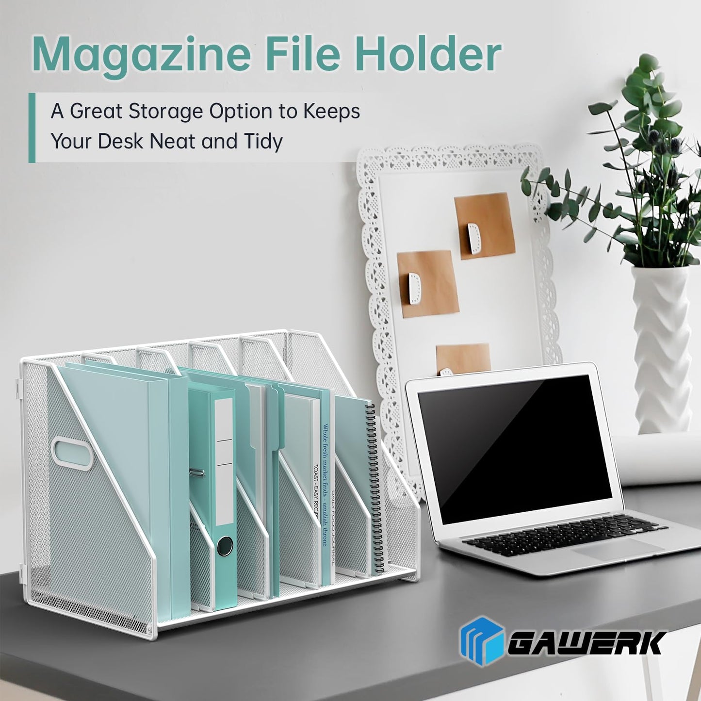 MINDEPOT Desk File Organizer Metal Desk Magazine Folder Holder with 5 Vertical Compartments Rack File Organizer for Office, Home, School (White)