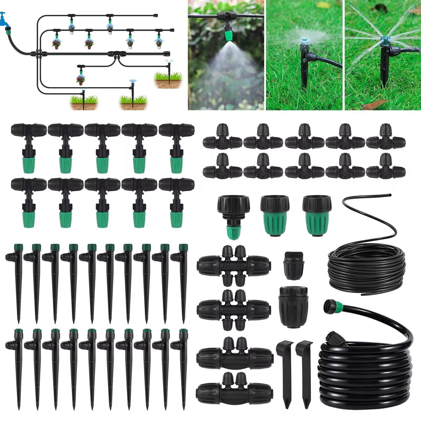 NRWRTY Leak-Proof Drip Irrigation Kit,Quick Connect Irrigation System, Lock Barbed Garden Watering System with 1/4 inch 1/2 inch Irrigation Tubing Hose for Garden,Raised Garden Bed, Lawn