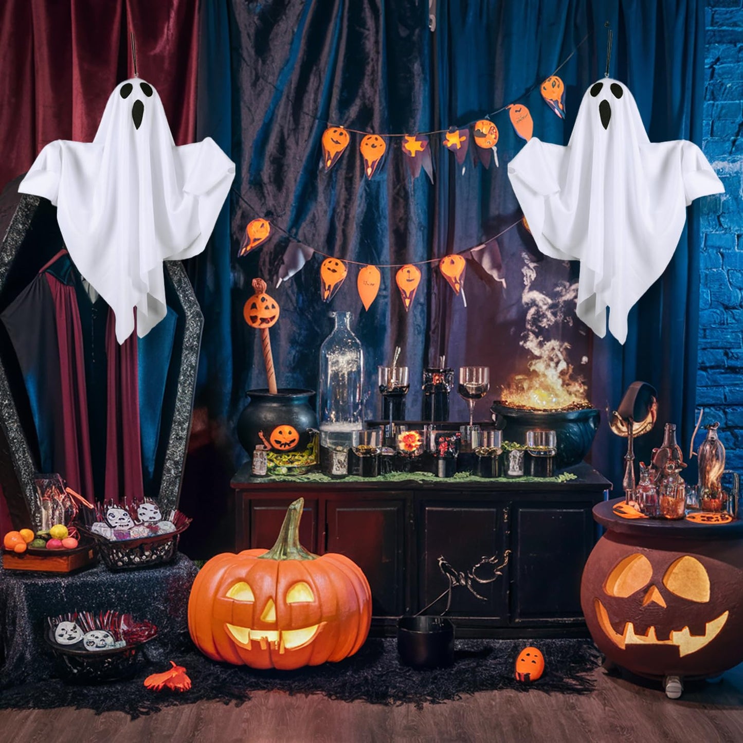 Lifnatty Halloween Hanging Ghost Lights with Remote Control – Floating Ghost Decorations with Timer, 8 Lighting Modes, Battery Operated for Scary Halloween Decor Indoor Outdoor (2-Pack)