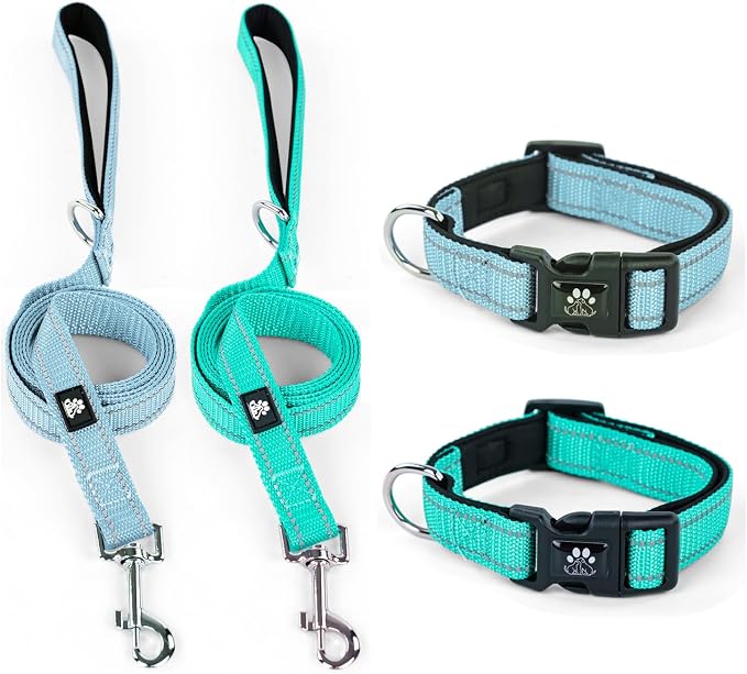IVY&LANE 2 Pack Reflective Dog Collars and Leashs Set,Adjustable Neoprene Padded Dog Collar for Puppy, Breathable Nylon Pet Collar for Small Medium Large Dogs(Large,Blue+Teal)