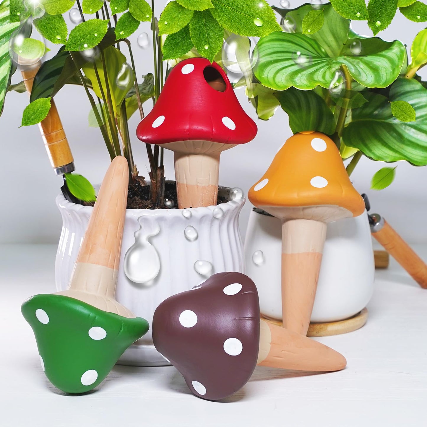 SUNGARDERY Terracotta Self Watering Spikes, 4 Pack Mushroom Self Watering Planter Insert, Vacation Plant Slow Release Watering Devices for Indoor Outdoor Plants, Colorful Large Water Globes