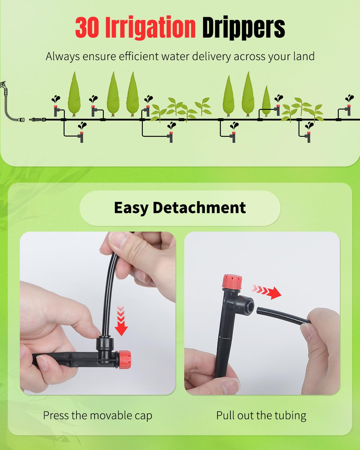 Pawfly 30 Pcs Push-to-Fit Drip Irrigation Emitters with Adjustable Water Flow Irrigation Drippers Drip Emitters Sprinklers with Stake & 8 Holes Drip Irrigation System Parts for 1/4 Inch Tubing