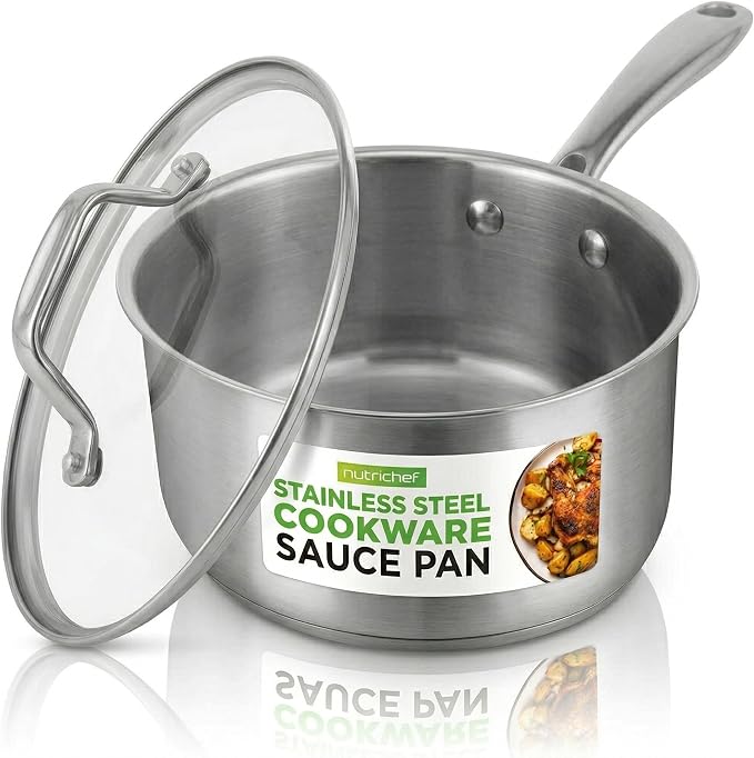 NutriChef 2 Quart Stainless Steel Saucepan with Lid - Heavy Duty Pot with Ergonomic Handles, For All Cooktops