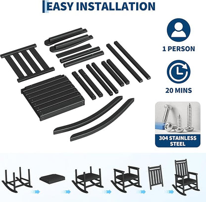 HDPE Rocking Chair Outdoor Set of 6 - Poly High Back Porch Rocker Chairs for Adults - All Weather Resistant Furniture for Patio Front Porch - Black