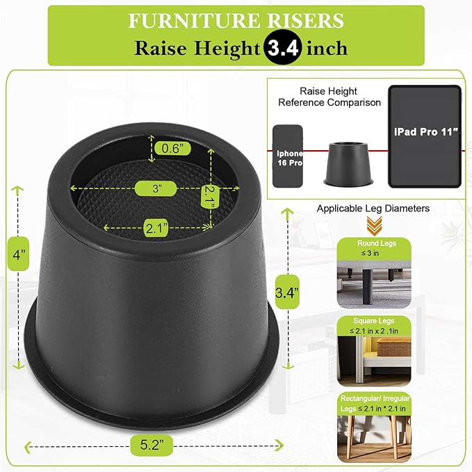 4 Pack Furniture Risers 4 Inch, Bed Risers Heavy Duty