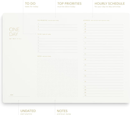 One Day, Elegant Daily Desk Planner, Gold Foiled, Minimalist Productivity Planner Pad, Time Blocking Hourly Schedule, To Do List Notepad, A4, 52 Pages, FSC™ Certified