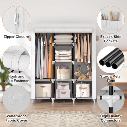 VTRIN Portable Closet Wardrobe for Hanging Clothes with 2 Hanging Rods and 8 Storage Organizer Shelves,Sturdy Large Wardrobe Closet for Bedroom Free Standing Clothes Rack with Cover,White