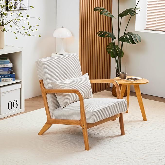 Mid-Century Modern Accent Chair Beige Rubberwood Frame Living Room Bedroom