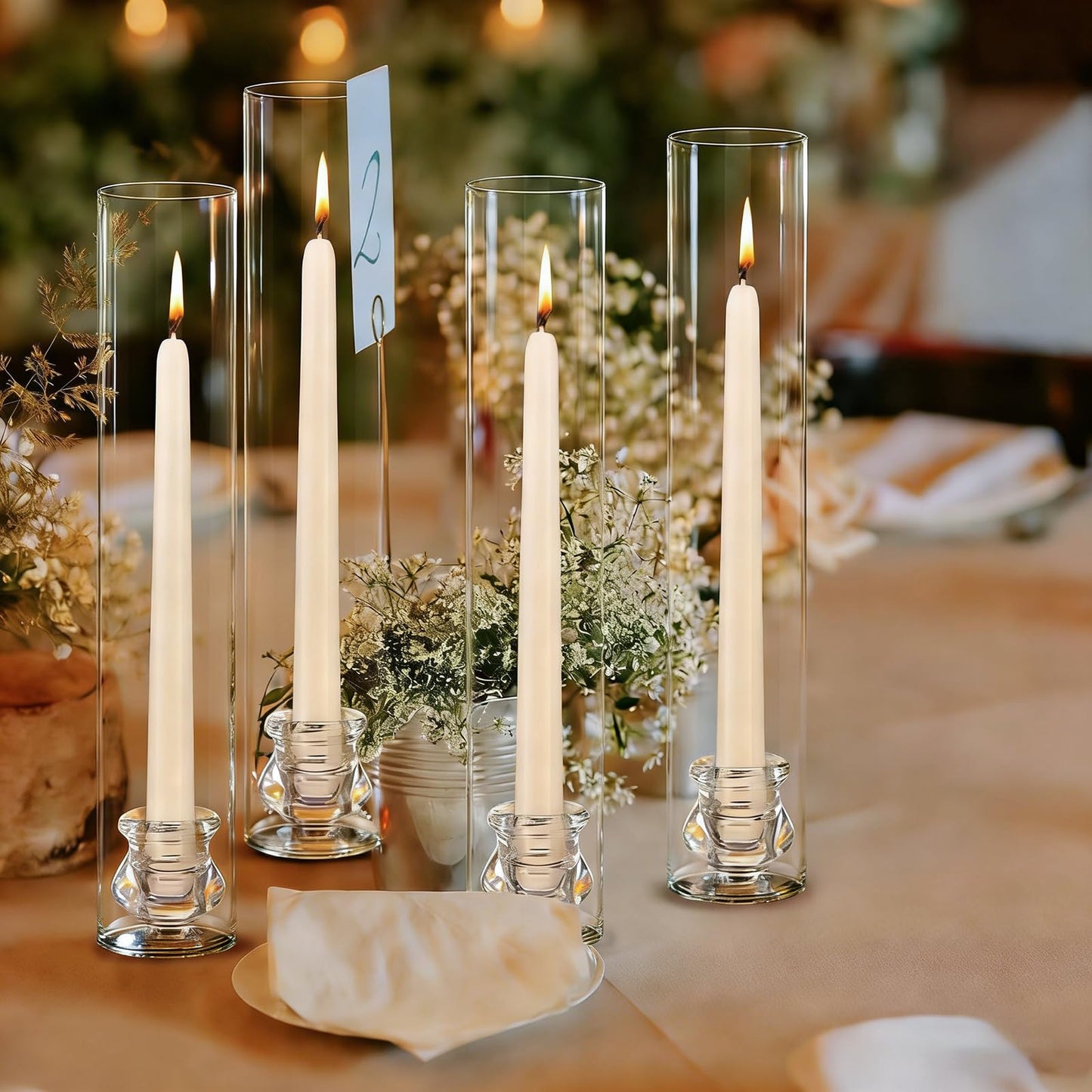 12 Set Glass Hurricane Candle Holders 11.8" Open Ended Glass Candleholder Tube Shape Bottomless and 2.1" Taper Clear Candlestick Holder Bulk for Table Centerpiece Wedding Party Home Decor (12, Clear)