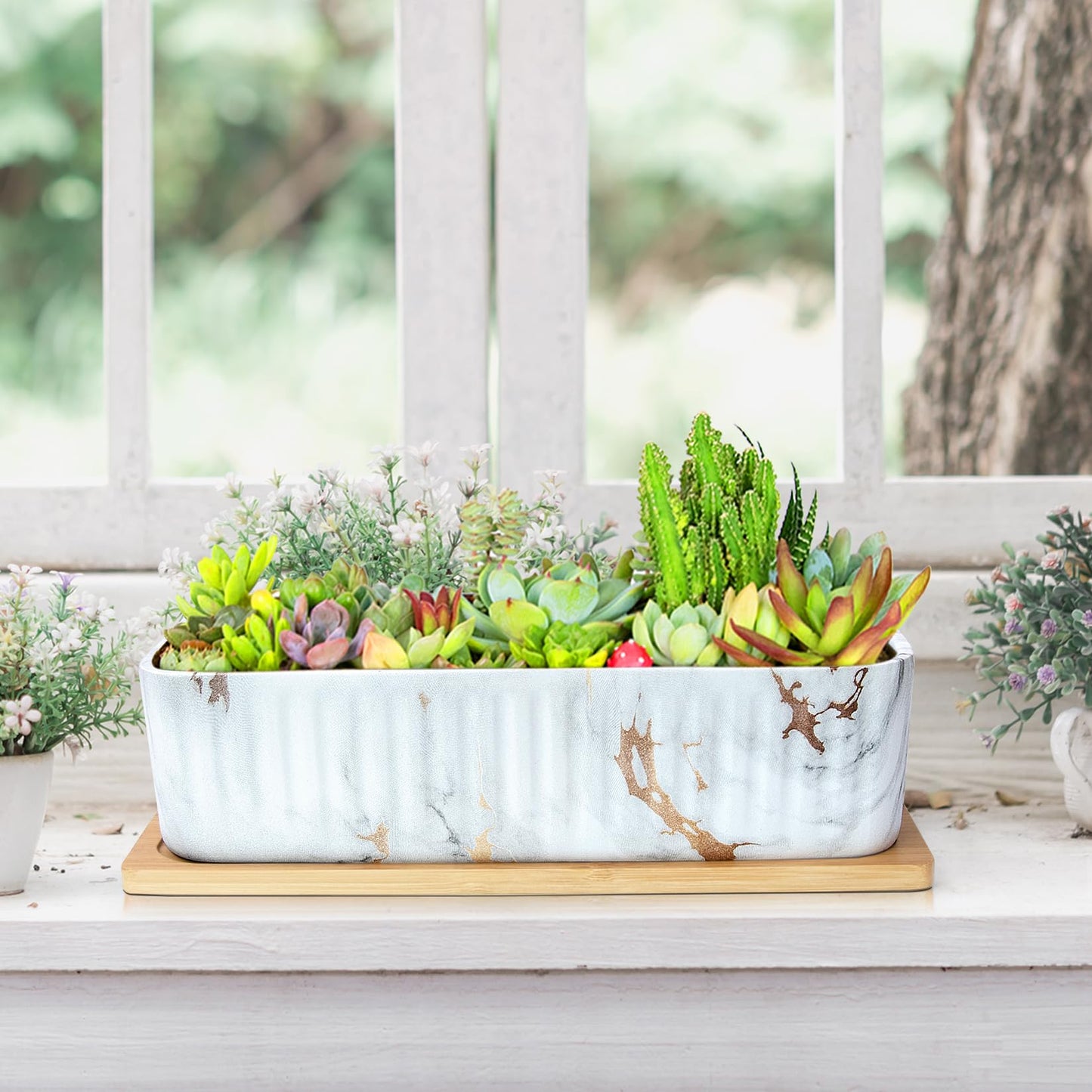 Rectangular Planter, 12 Inch Large Succulent Pots with Drainage Tray, Shallow Window Sill Planter for Indoor Cactus Flower Plants Ceramic Marble Window Box Planter Decorative Bonsai Plant Container