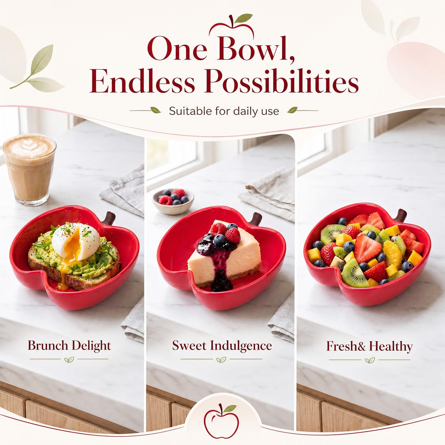 Jinei 2 Pcs Red Apple Shaped Ceramic Bowl Set Cute Snack & Fruit Bowls Back to School End of Year Teacher Appreciation Gift Serving Dish for Dorm Kitchen Counter Party Table Decoration