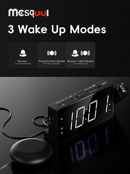 Mesqool Projection Alarm Clock with Bed Shaker, Dual Alarms, 180° Projector, 5-Level Dimmer, USB Phone Charger, Battery Backup, Loud Vibrating Alarm Clock for Heavy Sleepers, Snooze, DST