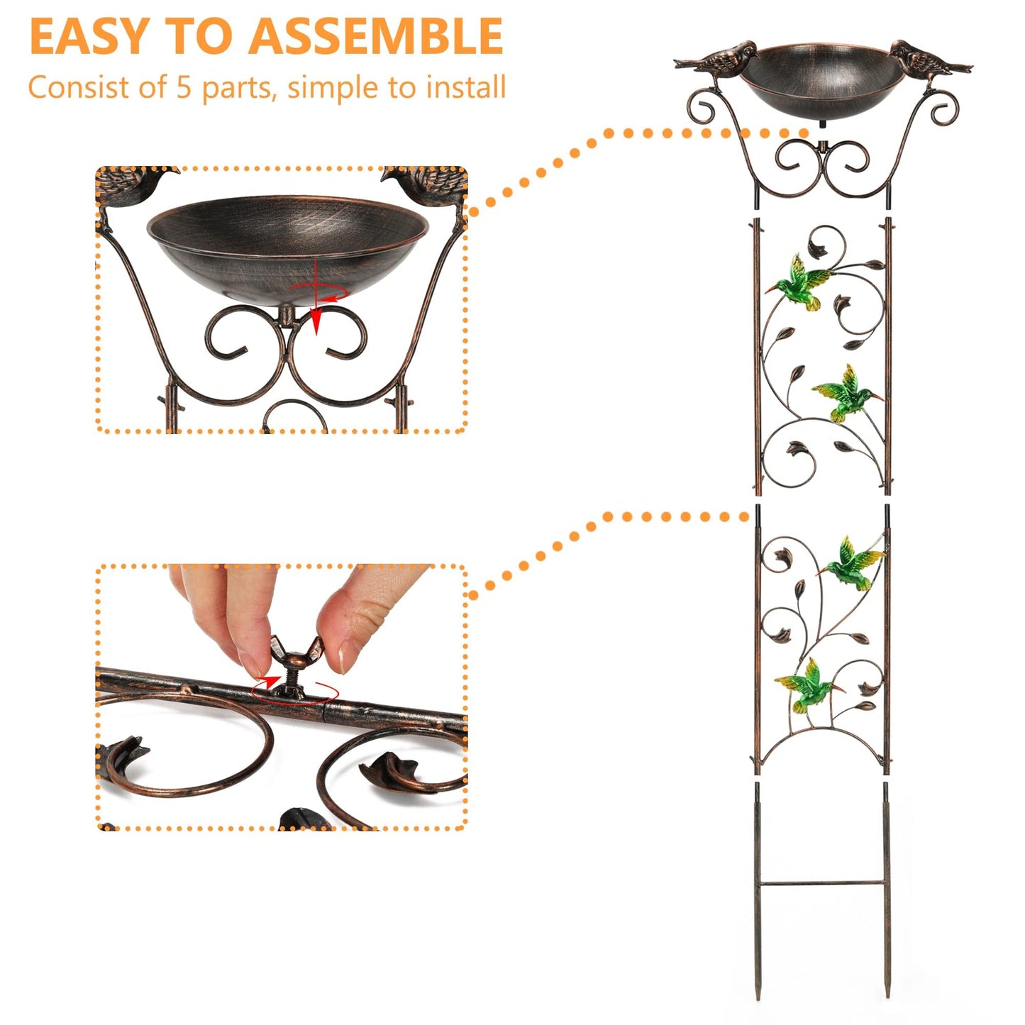 Garden Trellis Bird Bath Outdoor, 43.5 Inch Antique Iron Garden Plant Trellis Decorative with Hummingbirds and Detachable Drinking Basin Bowl, Free Standing BirdBath Birdfeeder Station