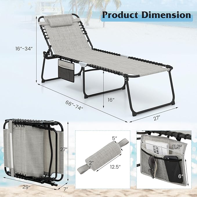 GYMAX Lounge Chair for Outside, 440lbs 27” Oversize Folding Beach Tanning