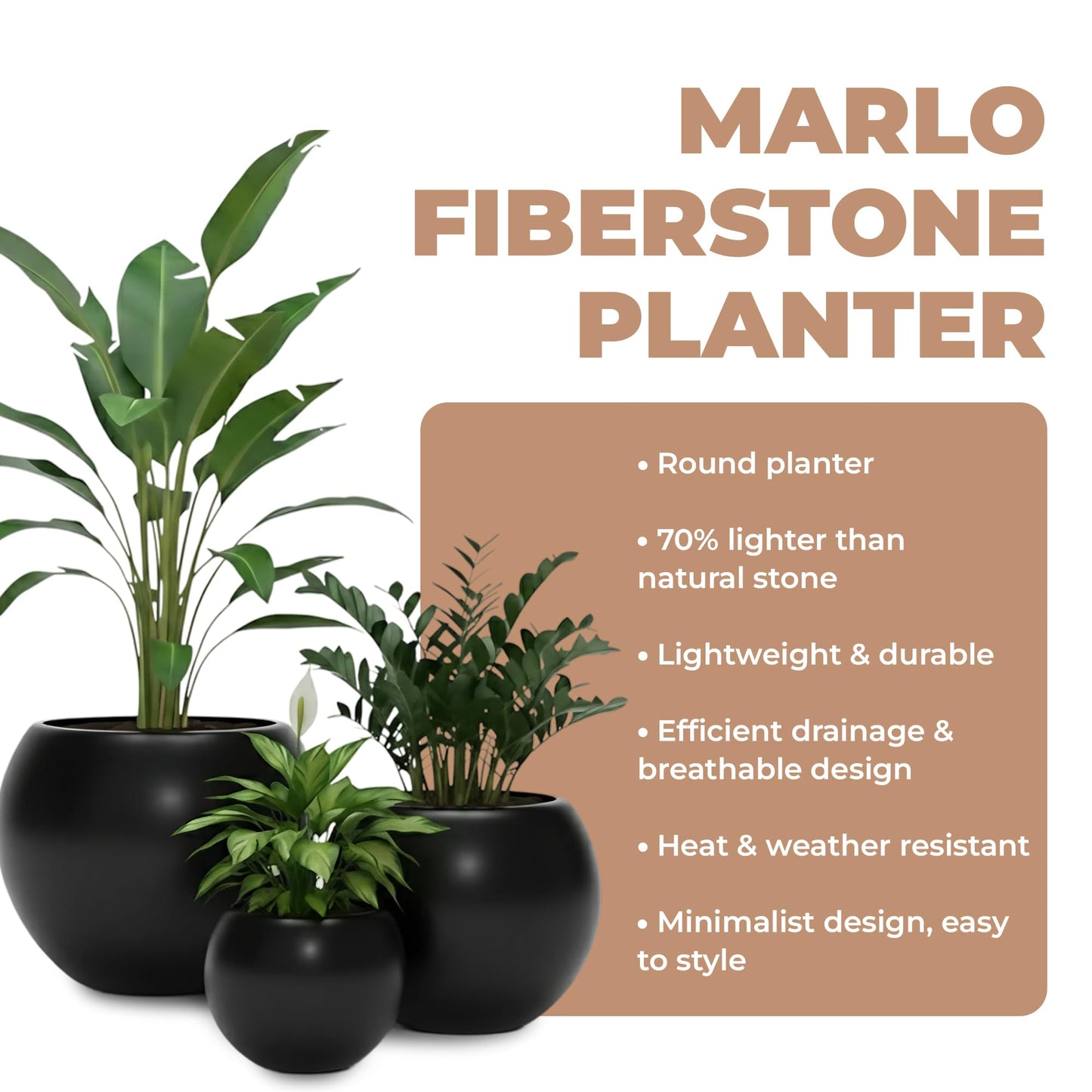 DEPLA LANE Marlo Fiberstone Round Planter (8.5" Pot Opening x 12.6" D x 9.8" H) Smooth Finishes, Lightweight, Durable, UV Resistant, Modern Minimalist Home Decor, Indoor Outdoor Plant Pot (S, Black)