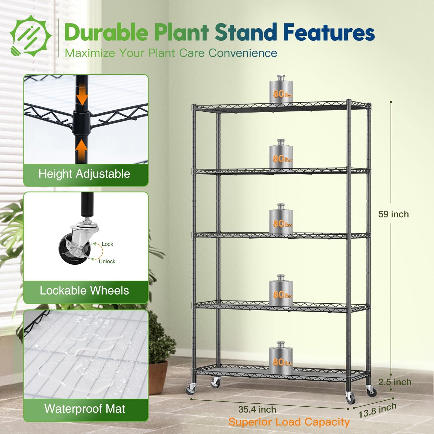 FREELICHT DIY Plant Shelf with Grow Light, 5-Tier, 2FT 5000K 120W(4x30W), Full Spectrum, Metal Plant Stand with Adjustable Rack and Wheel, LED Grow Lights with Timer for Seed Starting 35.4x13.8x61.5IN