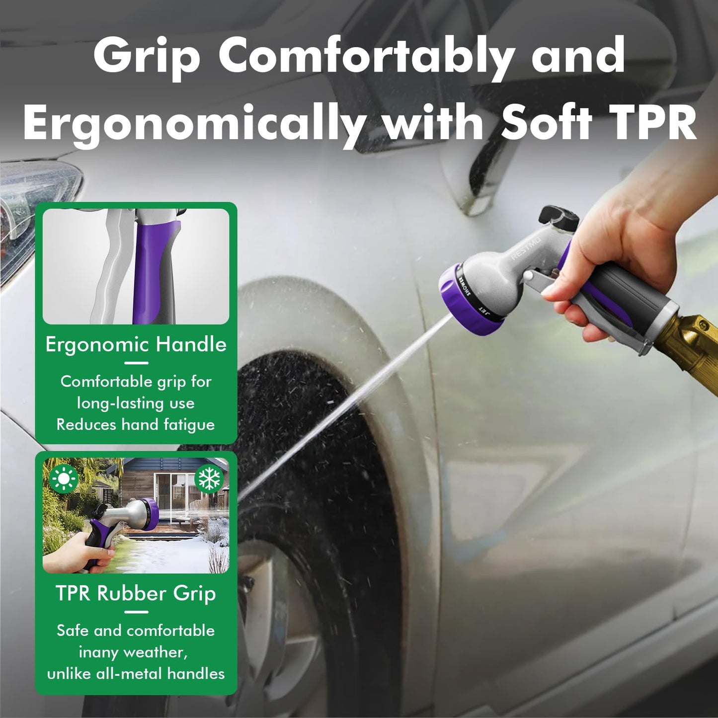RESTMO Garden Hose Nozzle, Heavy Duty Metal Water Hose Nozzle with 7 Adjustable Spray Patterns, High Pressure Hand Sprayer with Flow Control, Best for Watering Plant & Lawn, Washing Car & Pet, Purple