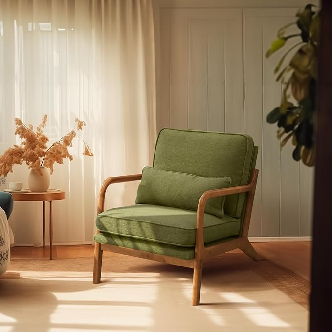 Bonnlo Dark Green Linen Mid Century Modern Accent Chair, Soild Wood Padding
