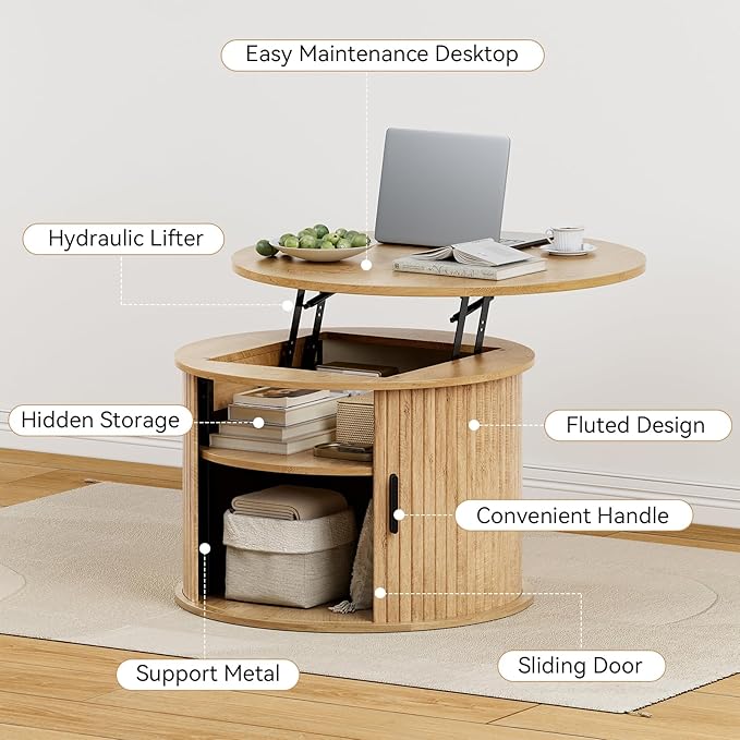 FABATO Round Lift Top Coffee Table, Fluted Wood Accent Coffee Table