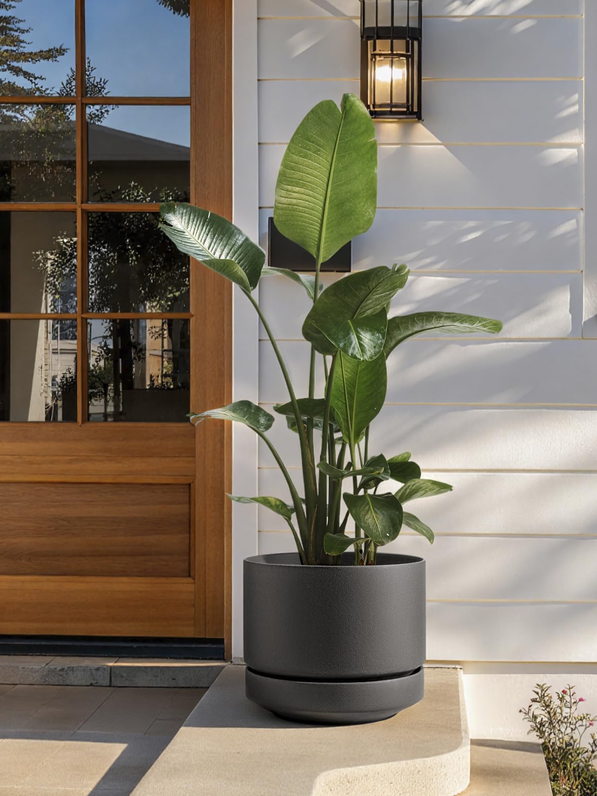LE TAUCI 14 Inch Large Plant Pot with Saucer, Ceramic Outdoor & Indoor Big Planter with Drainage Hole, Mesh Pad Included, Unglazed Porous, Modern for Home and Patio, Charcoal Gray