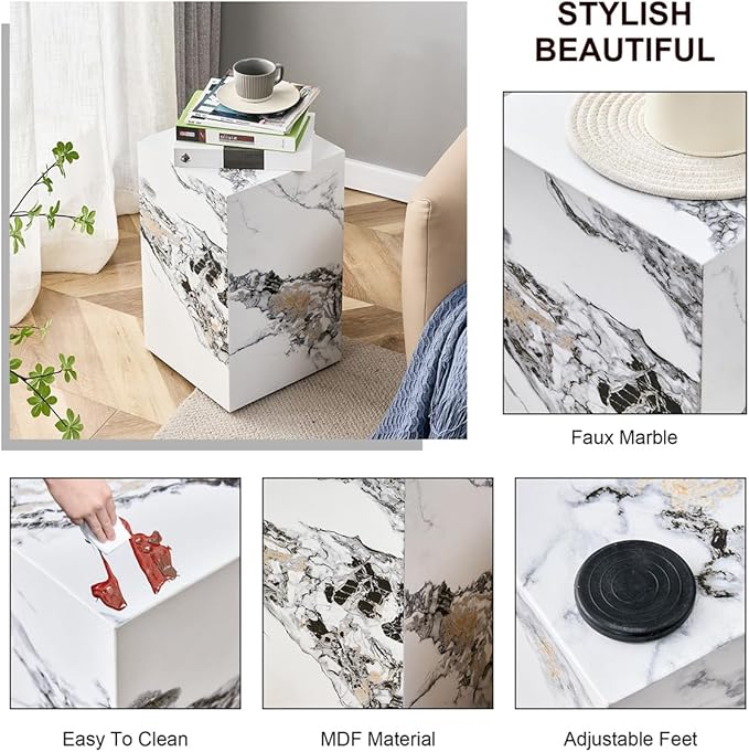 End Table, Side Table Living Room Table, Faux Marble Sofa Couch White Bedside