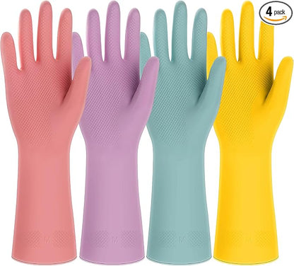 4 Pairs Rubber Kitchen Dishwashing Gloves - Colorful Reusable Household Cleaning Gloves Outdoor Chores for Women & Men (Medium)