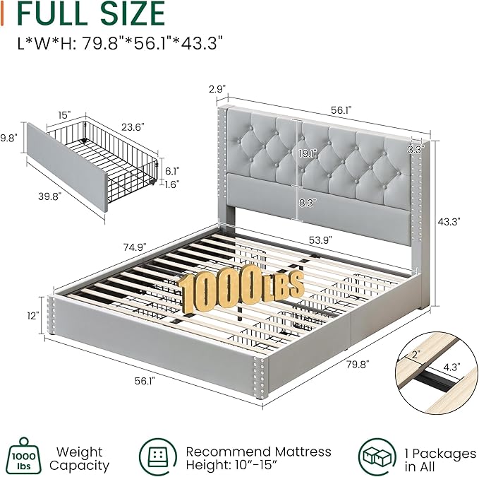 LARMACE Full Size Bed Frame Upholstered Platform Bed