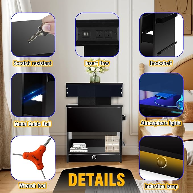 Nightstand with Induction Light & Side Charging Station, Modern Bedside Table