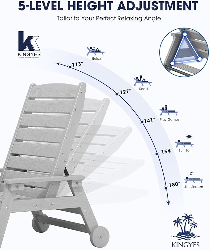 KINGYES HDPE Lounge Chair Outdoor, Patio Chaise Lounge Recliner