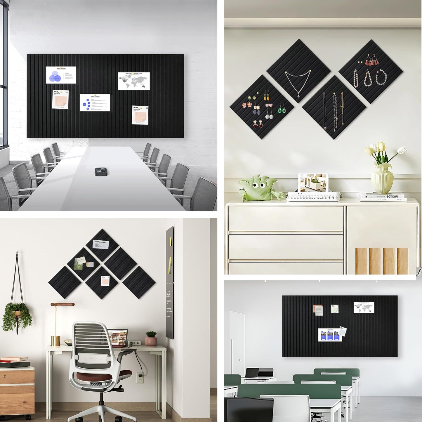 Large Cork Board for Office, 8 Pack Felt Wall Tiles with Slat Wall Paneling and Safe Removable Adhesive Tabs, Felt Bulletin Board Pin Board Cork Boards for Walls - Black