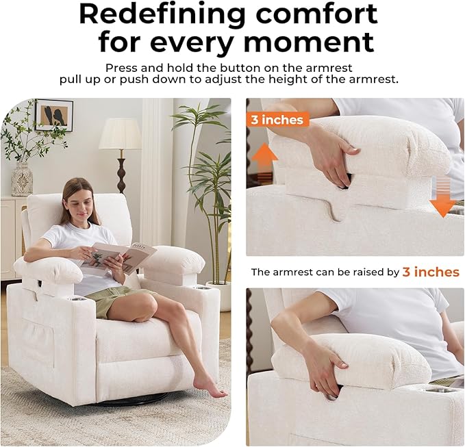 Rocking Chair Nursery with Adjustable Armrests, Electric Glider Recliner