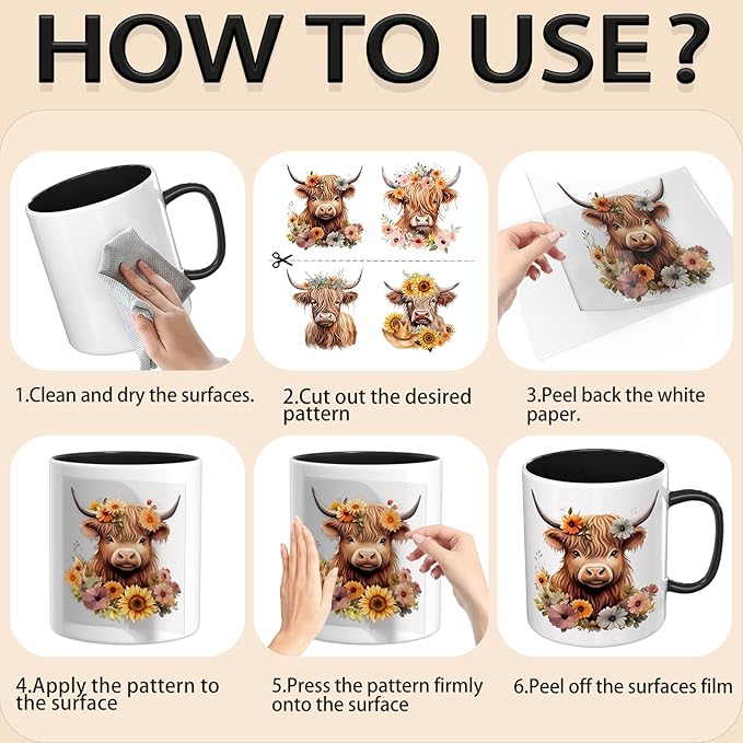 4 Sheets Rub on Transfers for Crafts, Highland Cattle Furniture Transfers for