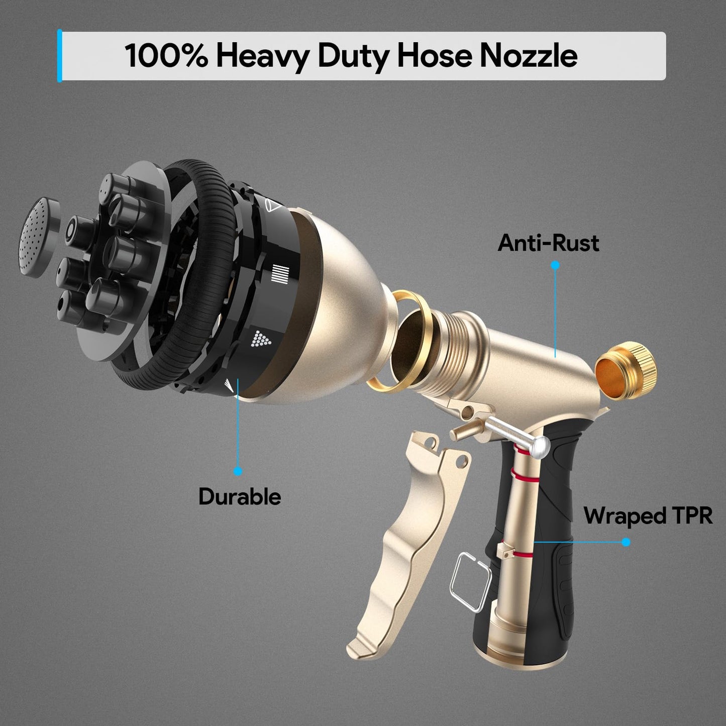Qxiaozhan Heavy Duty Hose Nozzle, 9-IN-1 Spray Patterns, Spray Nozzles for Garden Hose with Metal Trigger & Lock Bar, 3/4" Thread & Connection Adapter, Suit for Watering Plants, Lawn, Car, Outdoor Pet