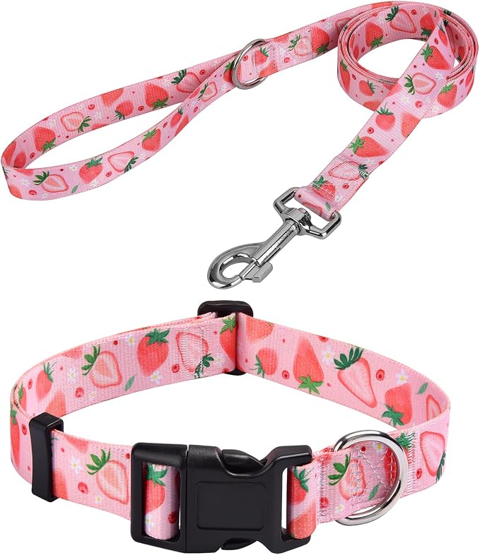 MarukoPet Dog Collar and Leash Set, Adjustable for Small Medium Large Dogs Puppy, Cute Design with Bohemia Floral Tribal Geometric Patterns Boys Girls Dog Collar(Strawberry Set,M)