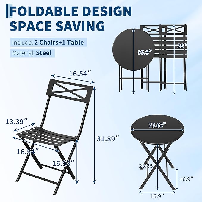 GarveeTech 3-Piece Folding Bistro Set, Heavy Duty Outdoor Patio Furniture