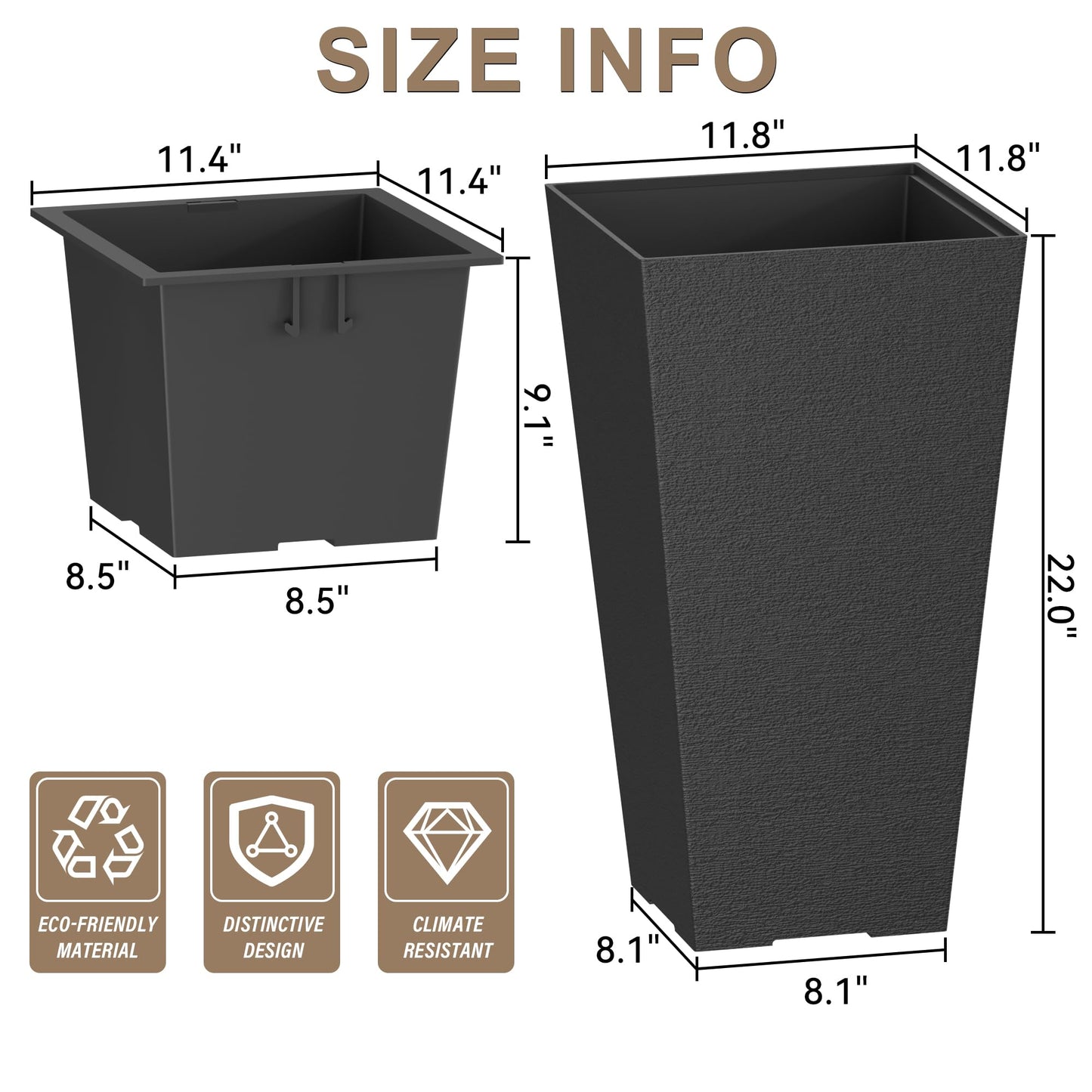 Kante 22 Inch Tall Planter Set of 2, Large Taper Planter for Outdoor Indoor Garden Patio Front Door (Black)