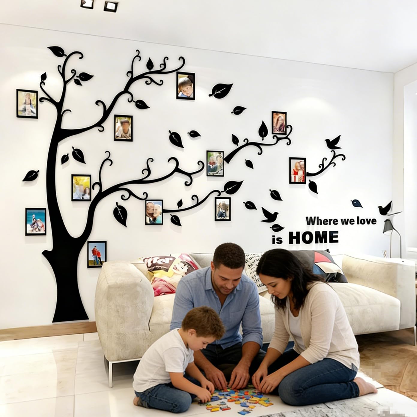 3D Tree Wall Stickers - DIY Photo Frame Tree Wall Decal Family Photo Frame Sticker Murals Wall Decor Living Room Bedroom TV Background Home Decorations (S:54 * 39in,Black Right)