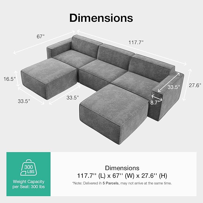 Novilla 117.7" Modular Sectional Sofa, No Assembly Cloud Sectional Couch