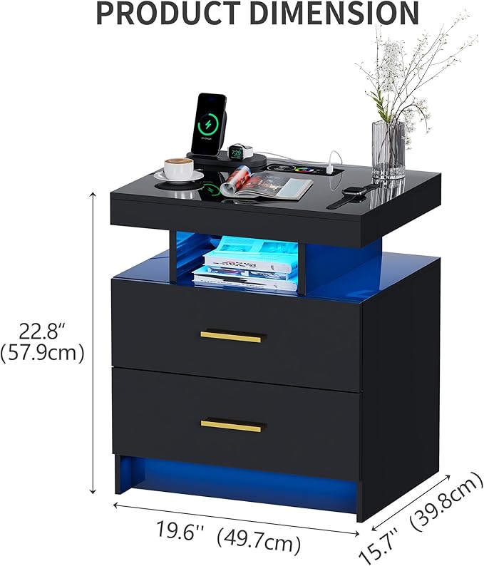 Smart Night Stand with Charging Station, Modern Black Nightstand with 24 Color