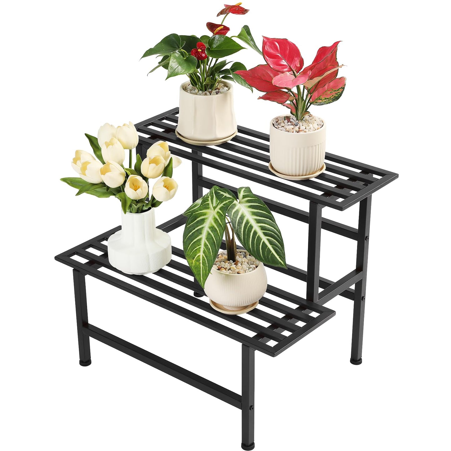 Dipion Metal Plant Stand Outdoor Plant Shelf Indoor,2 Tier Heavy Duty Ladder Plant Stands for Multiple Plants,26" L x 20.25" H x 17.75" W,Black