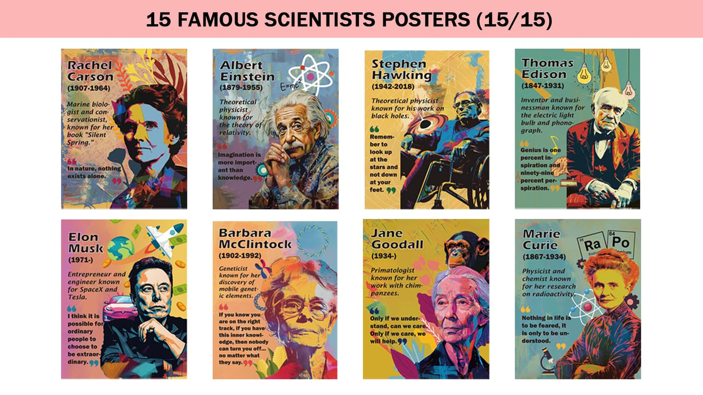 Magictodoor Science Classroom Decor Set: 15 Vibrant 11x14 Posters Featuring Notable Scientists for Middle School, Bulletin Boards, and Engaging Science Classrooms