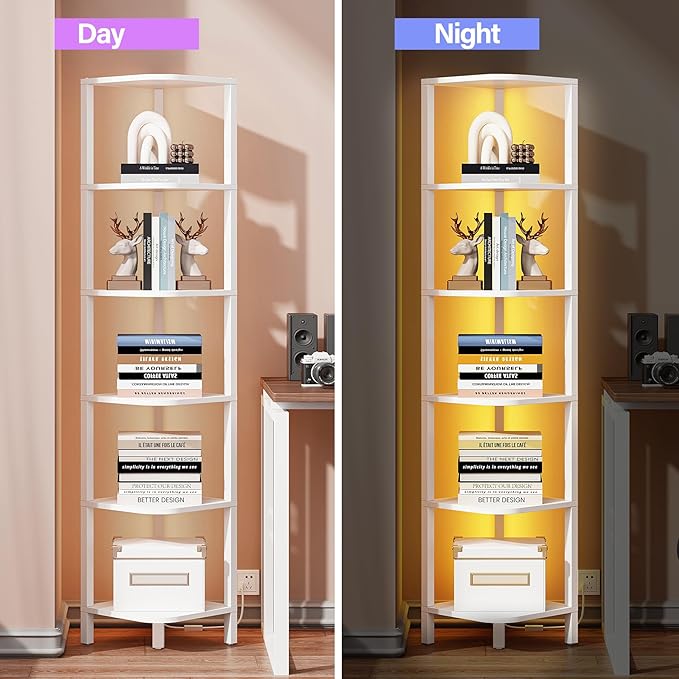 TUTOTAK Corner Shelf with LED Light, 6-Tier Corner Bookshelf