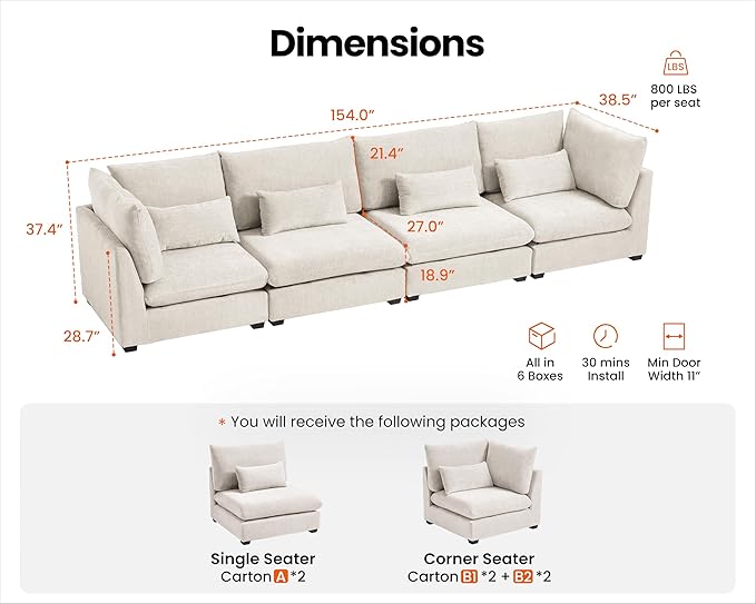 154" Oversized Chenille Couch Modular Sectional Sofa, Washable Cloud Couch