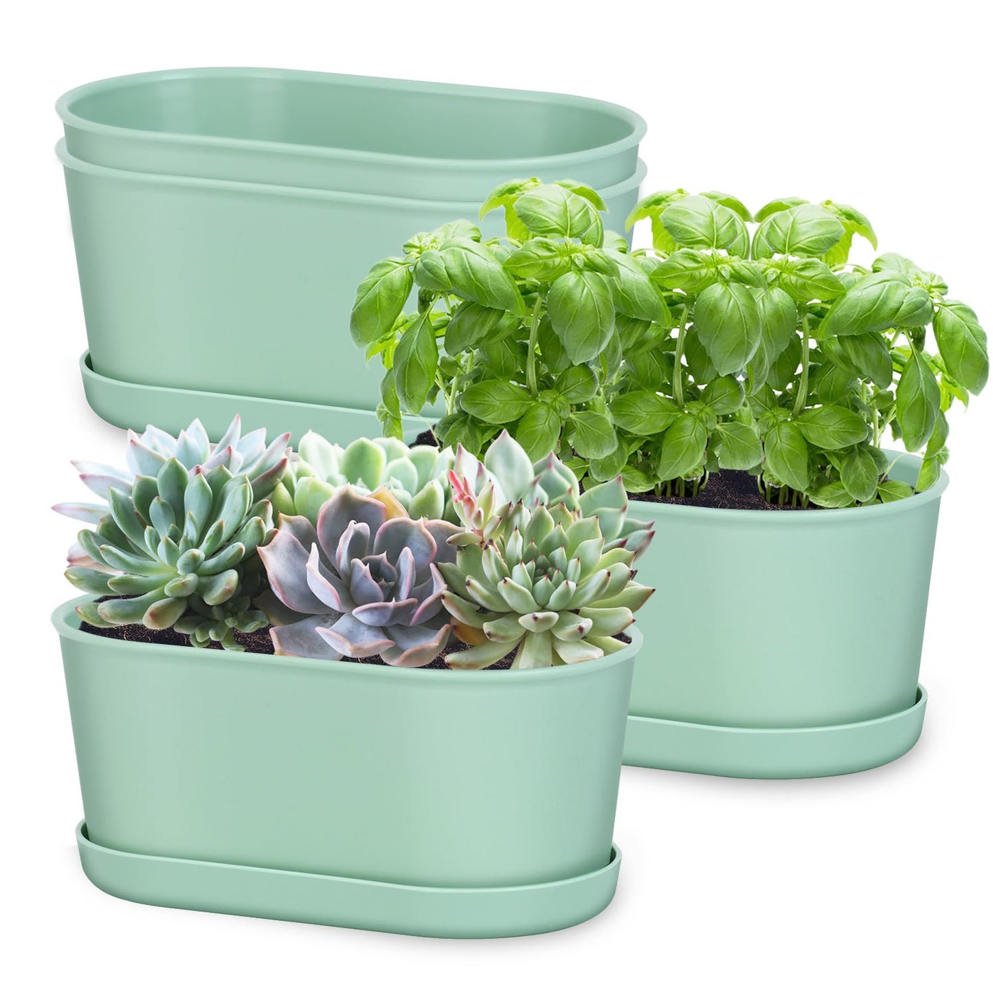 Oliz Set of 4 Green Oval Window Sill Planters with Drainage Holes and Trays（7 Inch） for Herbs Basil Orchids Succulents, Modern Herb Garden Planter for Indoor/Outdoor Plants