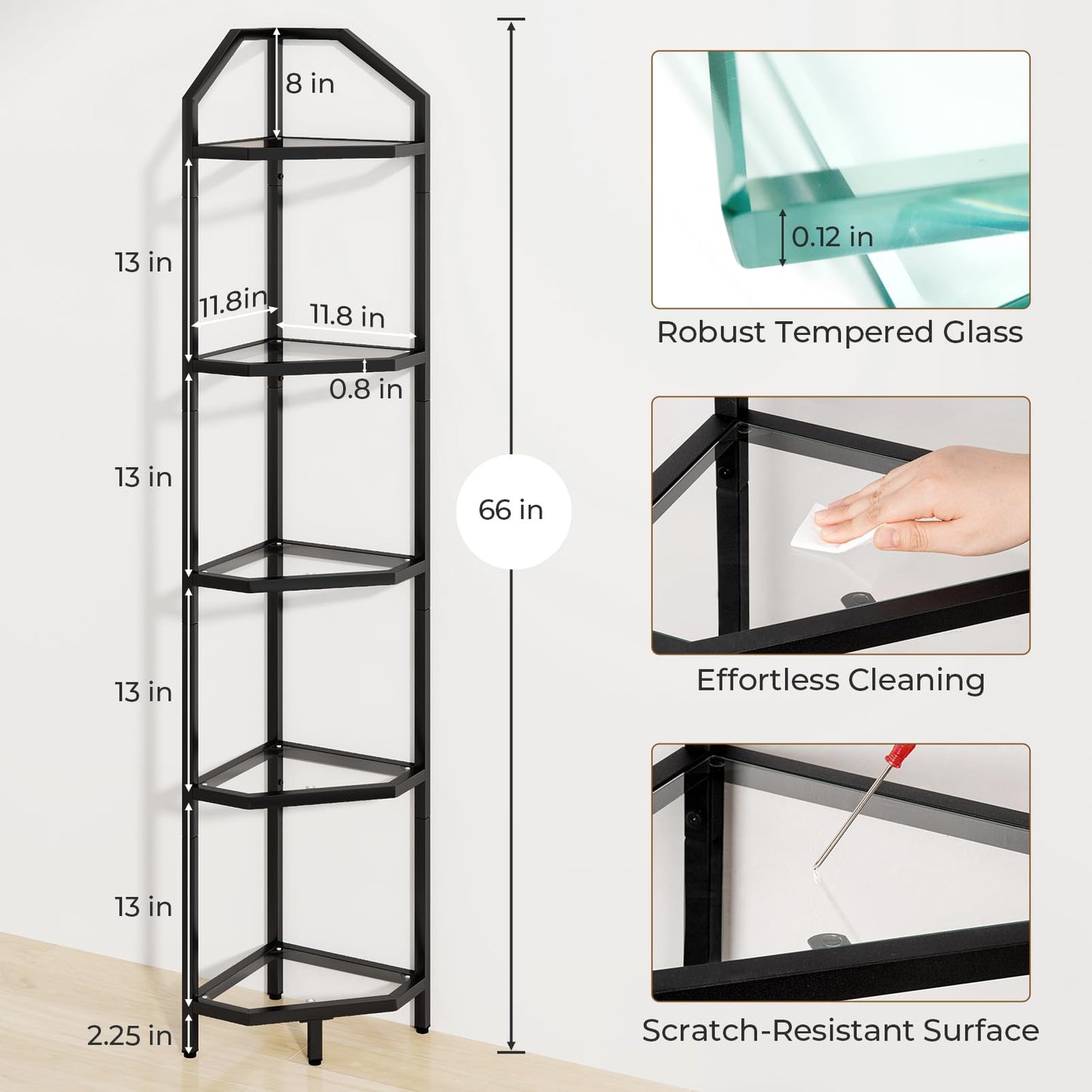 5 Tier Corner Wall Shelf Stand, 66" Metal Corner Shelves Bookshelf Display Shelf for Living Room Decor, Tall Plant Stand Multi Unit Organizer, Standing Shelf for Bedroom,Bathroom,Small Space (Black)