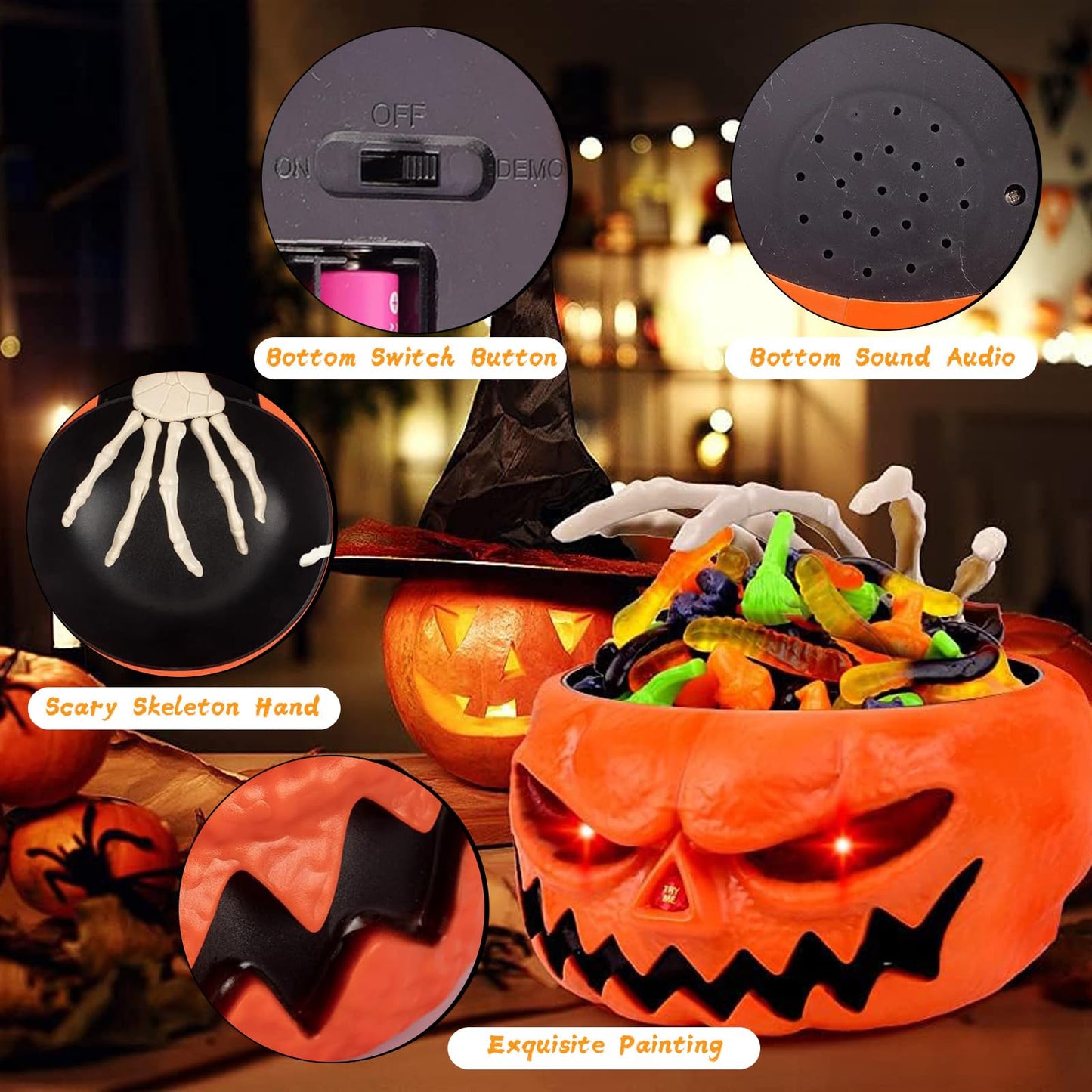 Halloween Candy Bowl, Animated Halloween Skull Pumpkin Bowl, Automatic Sensor/Button Press Scary Candy Dish with Creepy Moving Skeleton Hand and Scream for Trick or Treat to Kids(Pumpkin Style)