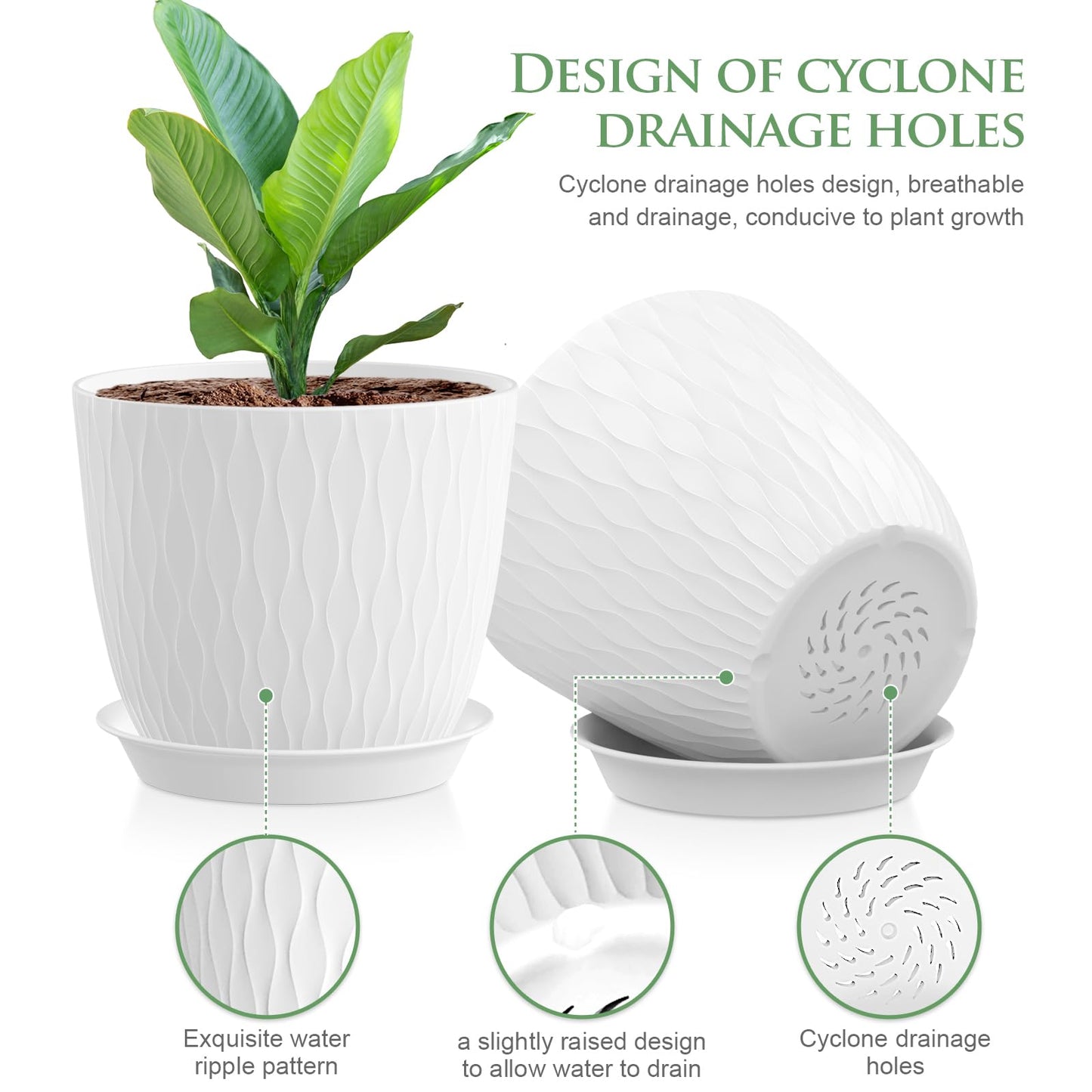 WSMKSZ 7 inch Plant Pots, 5 Pack Flower Pots with Drainage Holes and Saucers for Indoor Plants, Plastic Planters with Water Ripple for Small Garden House Plants, Nursery Pots for Succulent, White